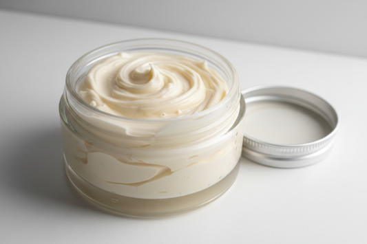clear jar with open lid showing body butter in swirl