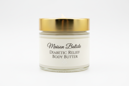 clear 8oz jar with gold lid and label that reads Maison Batiste Diabetic Relief Body Butter
