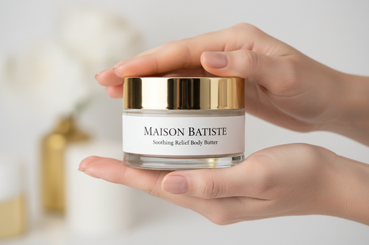 model holding clear cream jar with gold lid and label that reads Maison Batiste Soothing Relief Body Butter