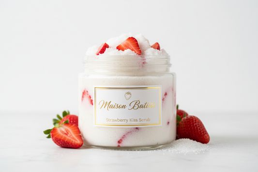 white sugar scrub with strawberries and label to read Maison Batiste Strawberry kiss scrub